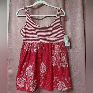 Mossimo Supply Co. Red And Cream Striped Floral Cotton Tank Top W/Buttons
